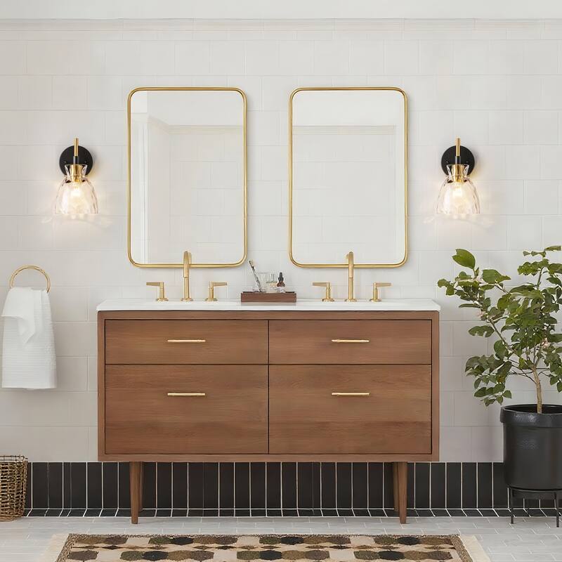 1-Light/3-Light Matte Black and Antique Brass Bathroom Vanity Light with Water-Rippled Glass Shade