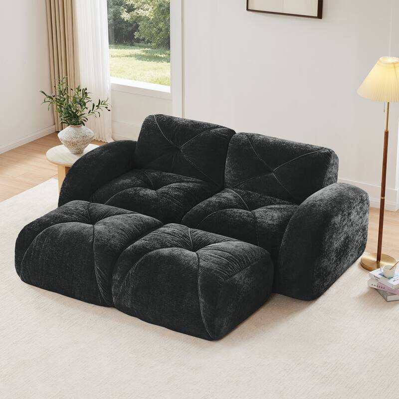 U-shaped Boneless Sofa, Soft Velvet Fabric, Tufted Design, 32D High Density Sponge, No Assembly Required - Black