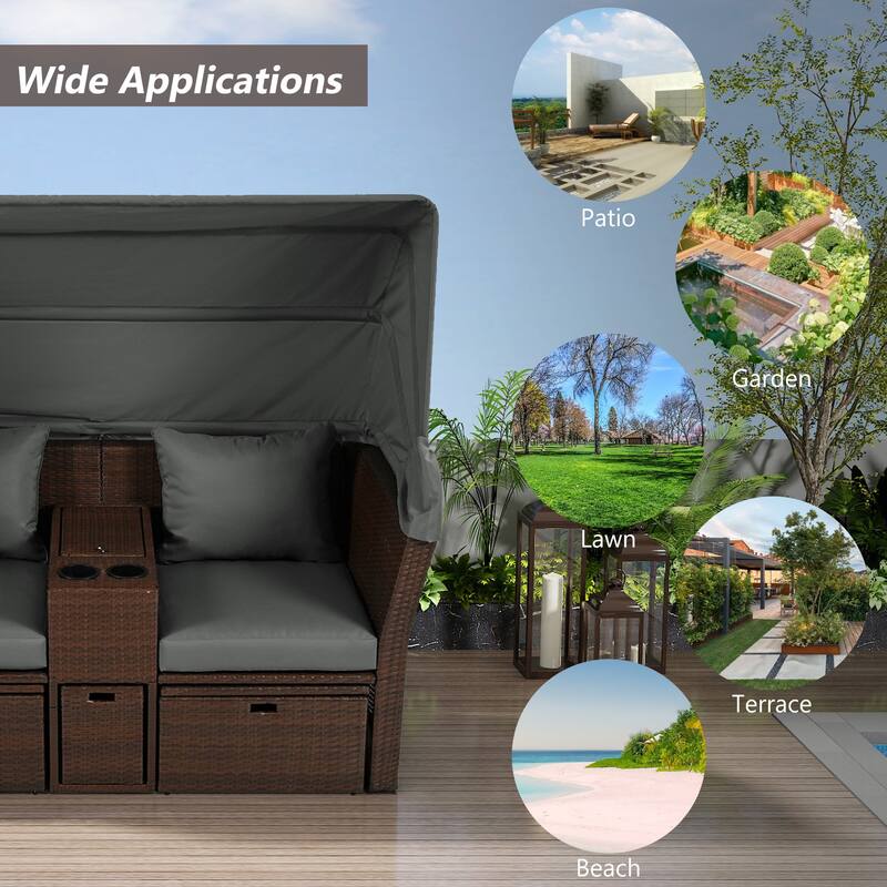 Convertible Outdoor Patio Daybed Loveseat Set with Retractable Sunshade, Cup Holders, Storage Boxes, Water-Repellent Cushions