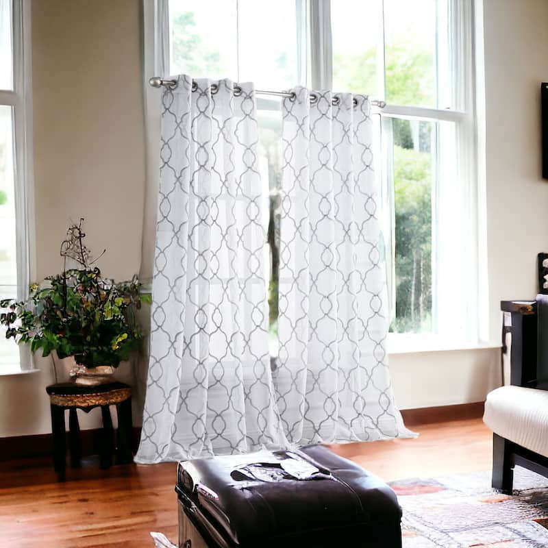 HomeRoots 84” Silver Trellis Pattern Embroidered Window Curtain Panel - 84" x 54"