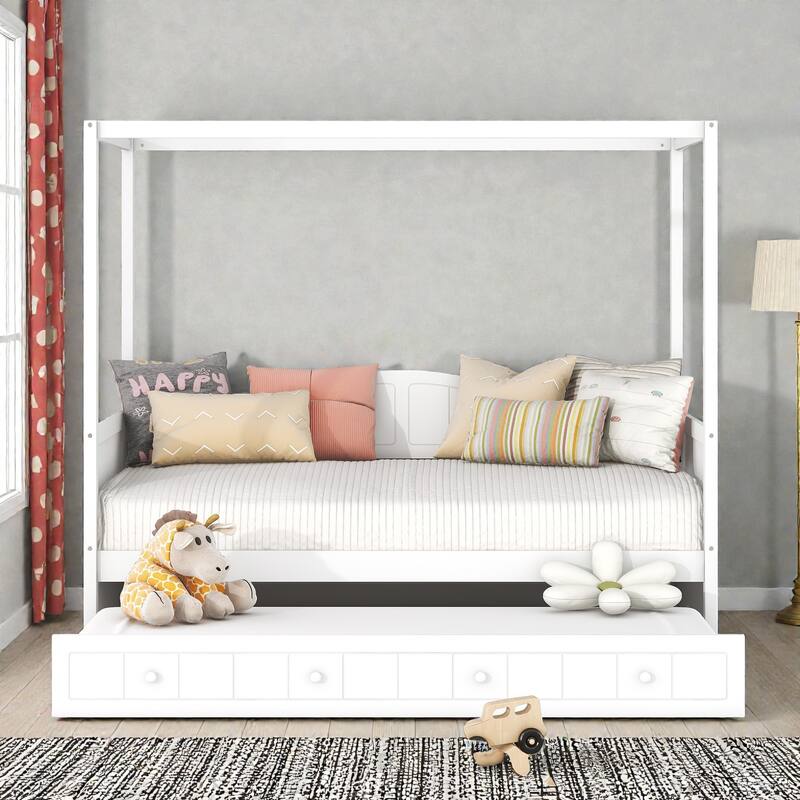 Twin Size Wooden Canopy Day Bed with Twin Trundle, Solid Pine Wood Frame with Backrest, Space Saving Design