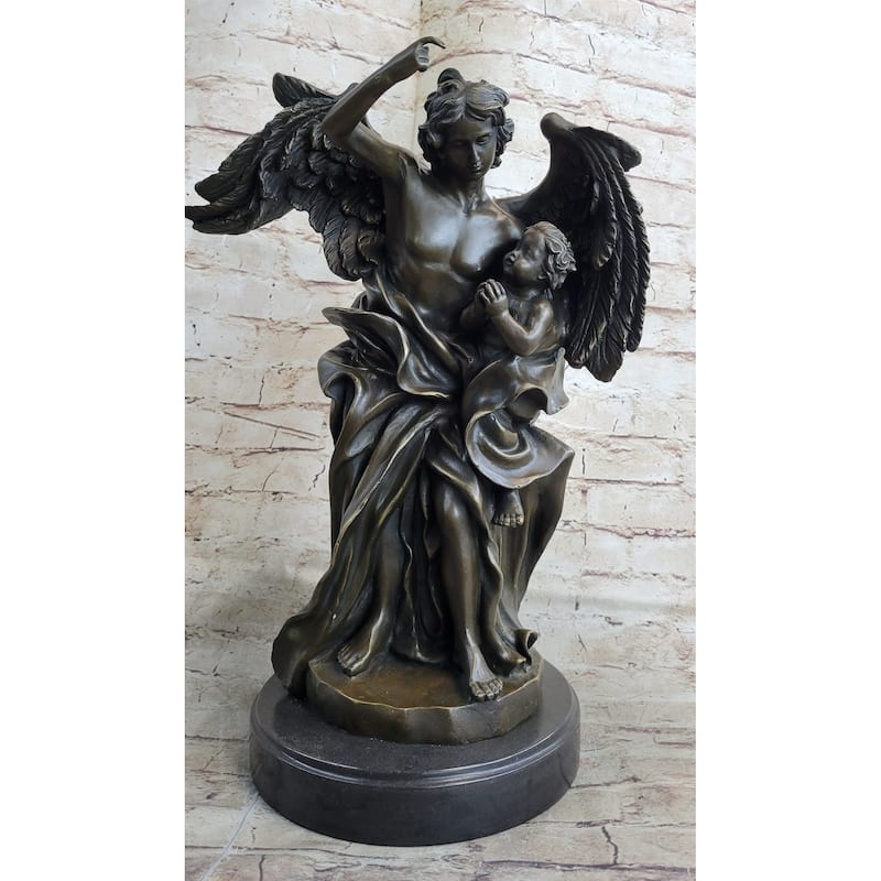Signed Leonard Large Muscular Angel With A Child Bronze Marble Sculpture Statue