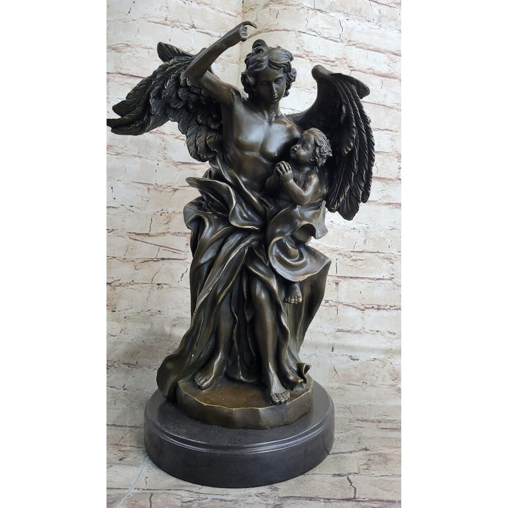 Signed Leonard Large Muscular Angel With A Child Bronze Marble Sculpture Statue