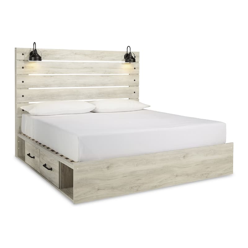 Cambeck Whitewash Panel Bed With 2 Under Bed Storage Drawers