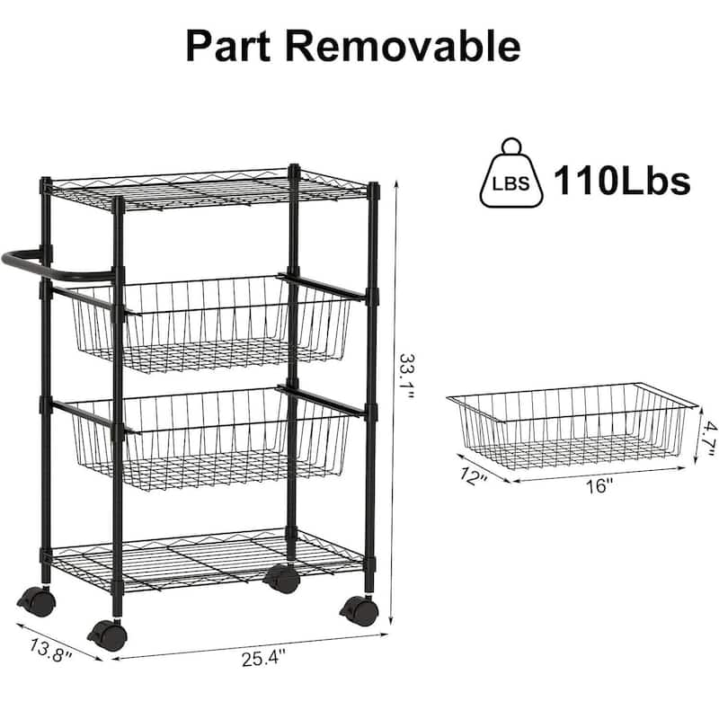 4-Tier Rolling Utility Cart with Removable Shelves for Kitchen, Restaurant - N/A