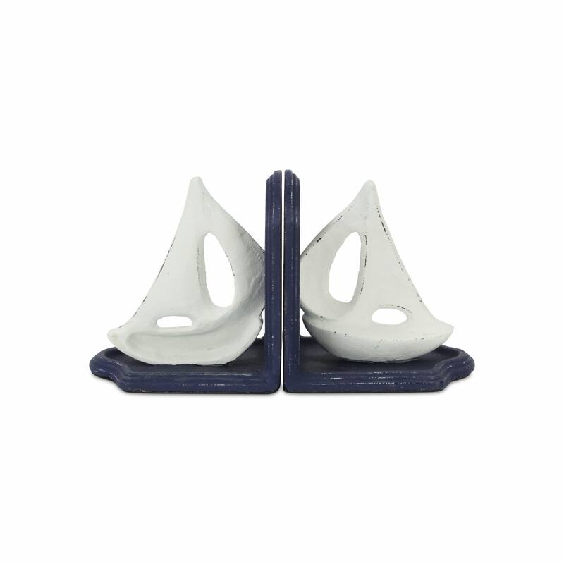 HomeRoots Set of Two 5" Blue And White Cast Iron Sailboat Decorative Bookends - 9.5 x 3.25 x 5.25
