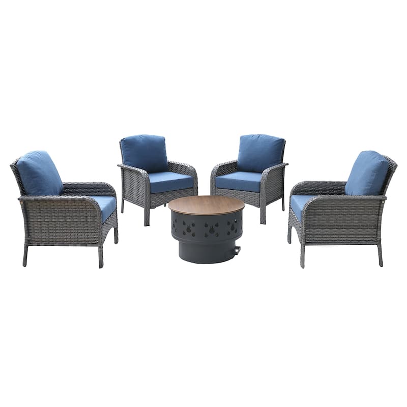HOOOWOOO 5-piece Patio Wicker Chair Set with Wood Burning Fire Pit