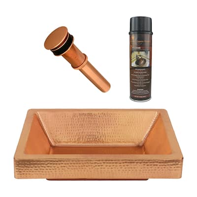 19" Rectangle Skirted Vessel Hammered Copper Sink in Polished Copper, Matching Drain and Accessories