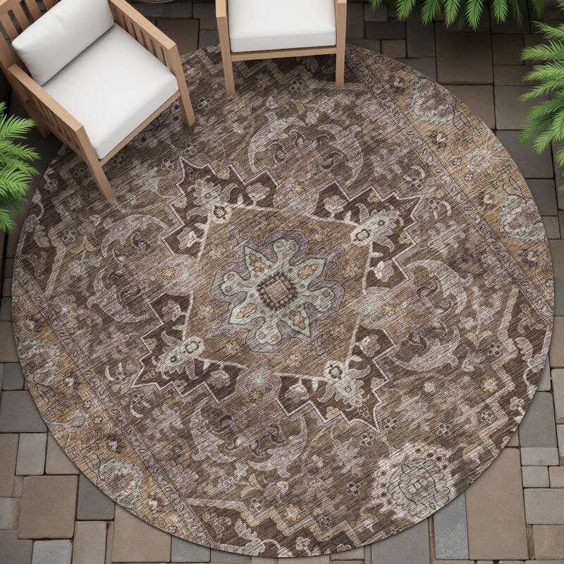 Machine Washable Indoor/Outdoor Traditional Medallion Chantille Rug - Brown - 8' x 8'