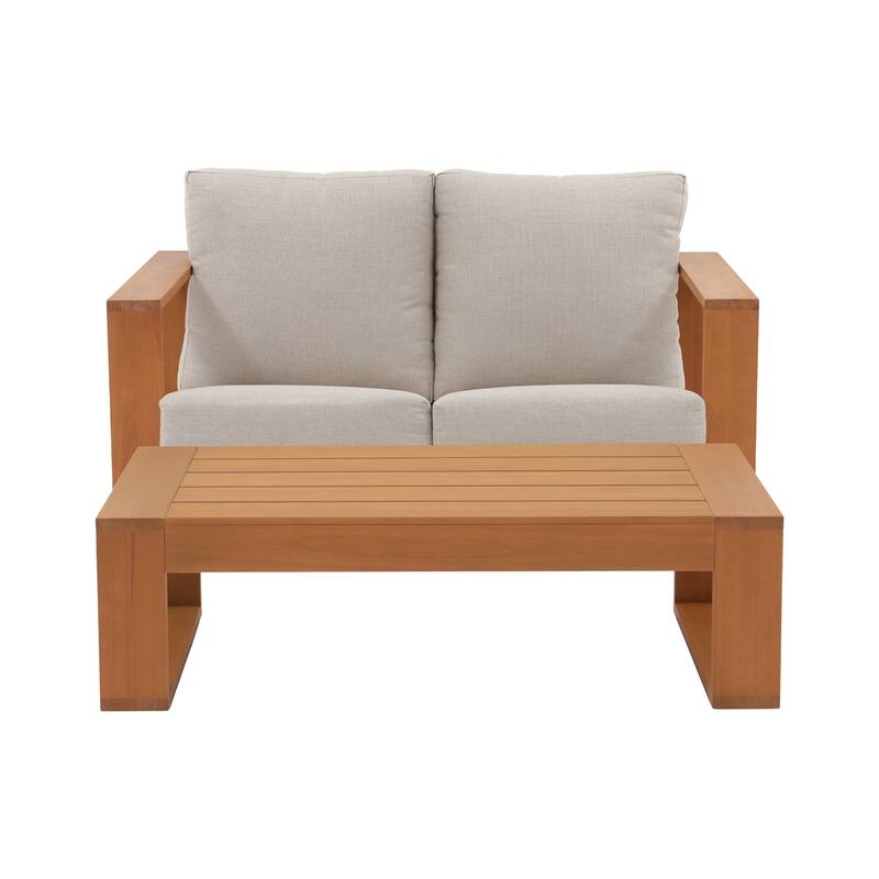 Outdoor Conversation Set 2-Piece Eucalyptus Wood Weather‑resistant Rope Weave Loveseat with Coffee Table