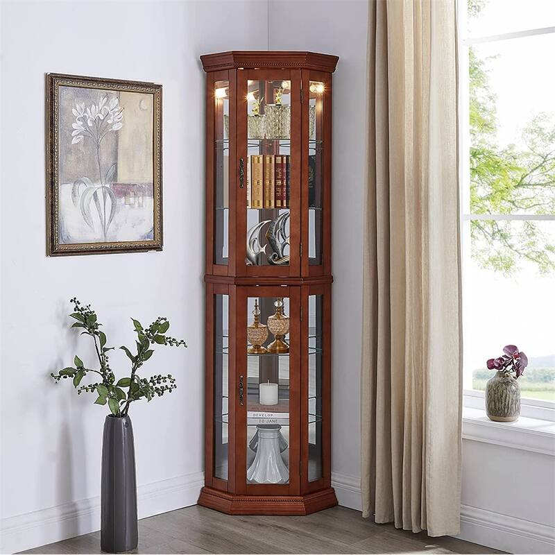 Corner Curio Cabinet w/ Lights, Adjustable Shelves (Bulb Not Included) - Walnut