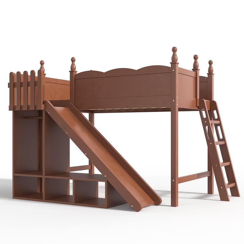 Twin Loft Bed with Storage Shelves and Wardrobe, Solid Wood Loft Beds with Detachable Slide and Ladders, No Spring Box Needed