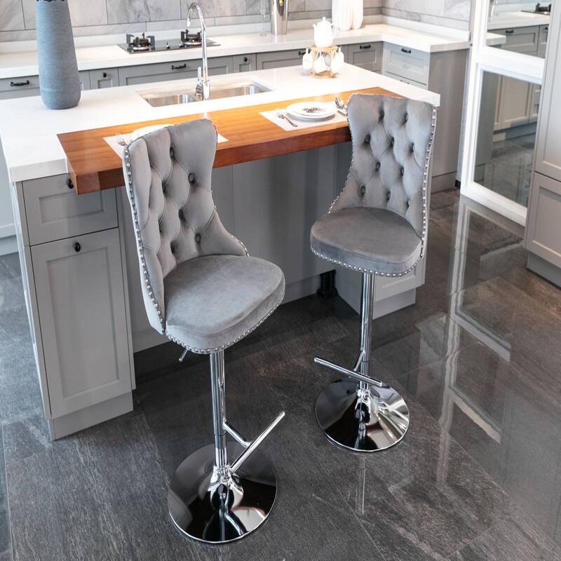 Homy Lin Swivel Bar Stool with Nailhead Trim&Gold Metal Base–Adjustable Height, 360° Swivel – Home Bar & Kitchen Island Seating