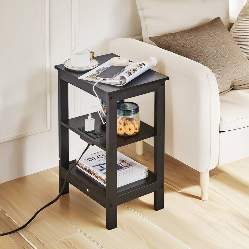 Javlergo 3 Tier Open Shelf Nightstand with Charging Station 2 AC Outlets 2 USB Ports Multipurpose Table for Bedroom Living Room