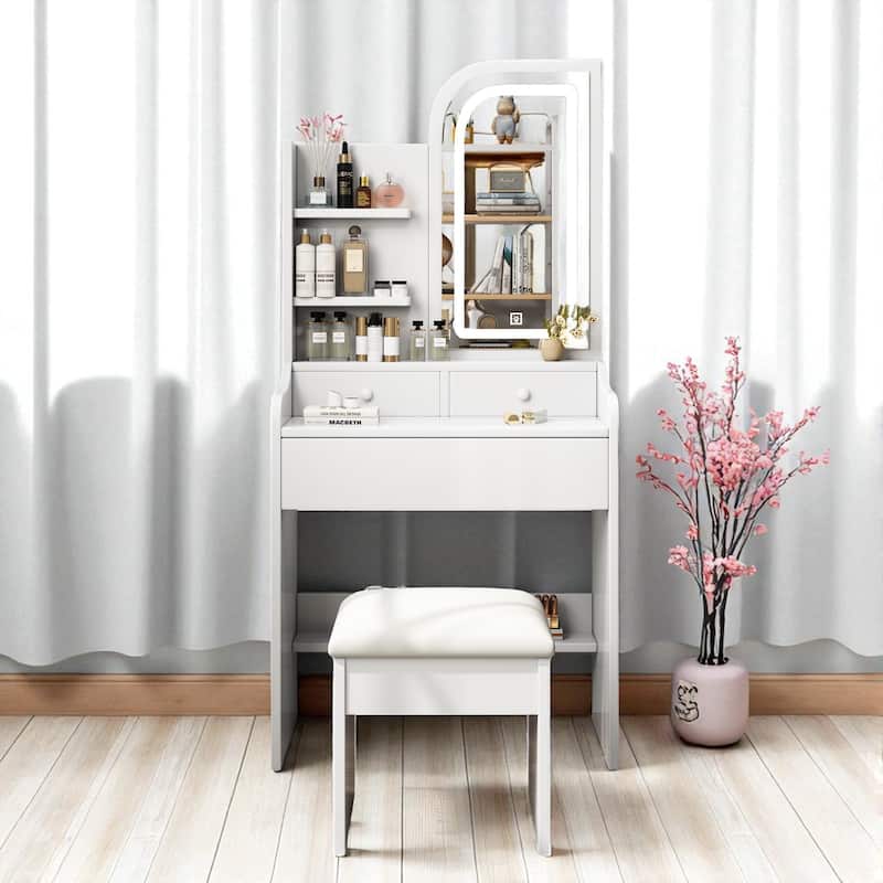Vanity Desk with Mirror & LED Lights, 3 Drawers, Adjustable Lighting, Chair & Hair Dryer Holder, Makeup Table Set