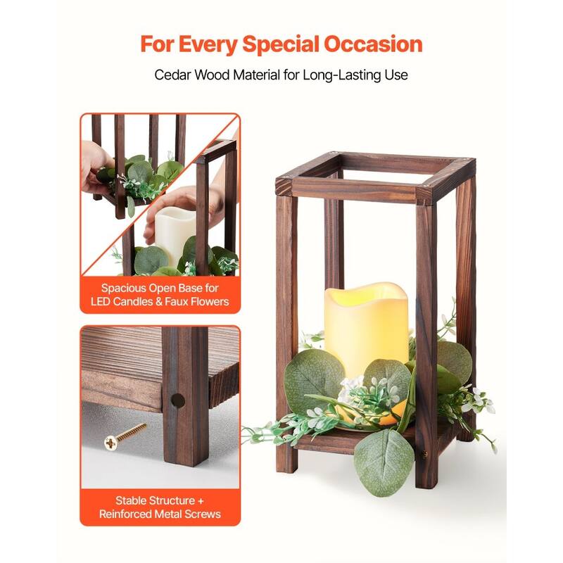 Wooden Wedding Lantern Set with LED Candles and Eucalyptus Wreath Rustic Cedar Table
