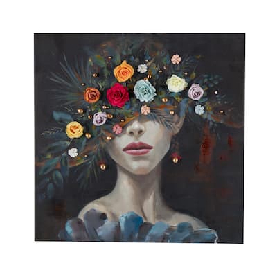 Canvas Woman Wall Art with 3D Multicolor Flowers and Gold Jewels - Multi Colored - Roche River Decor