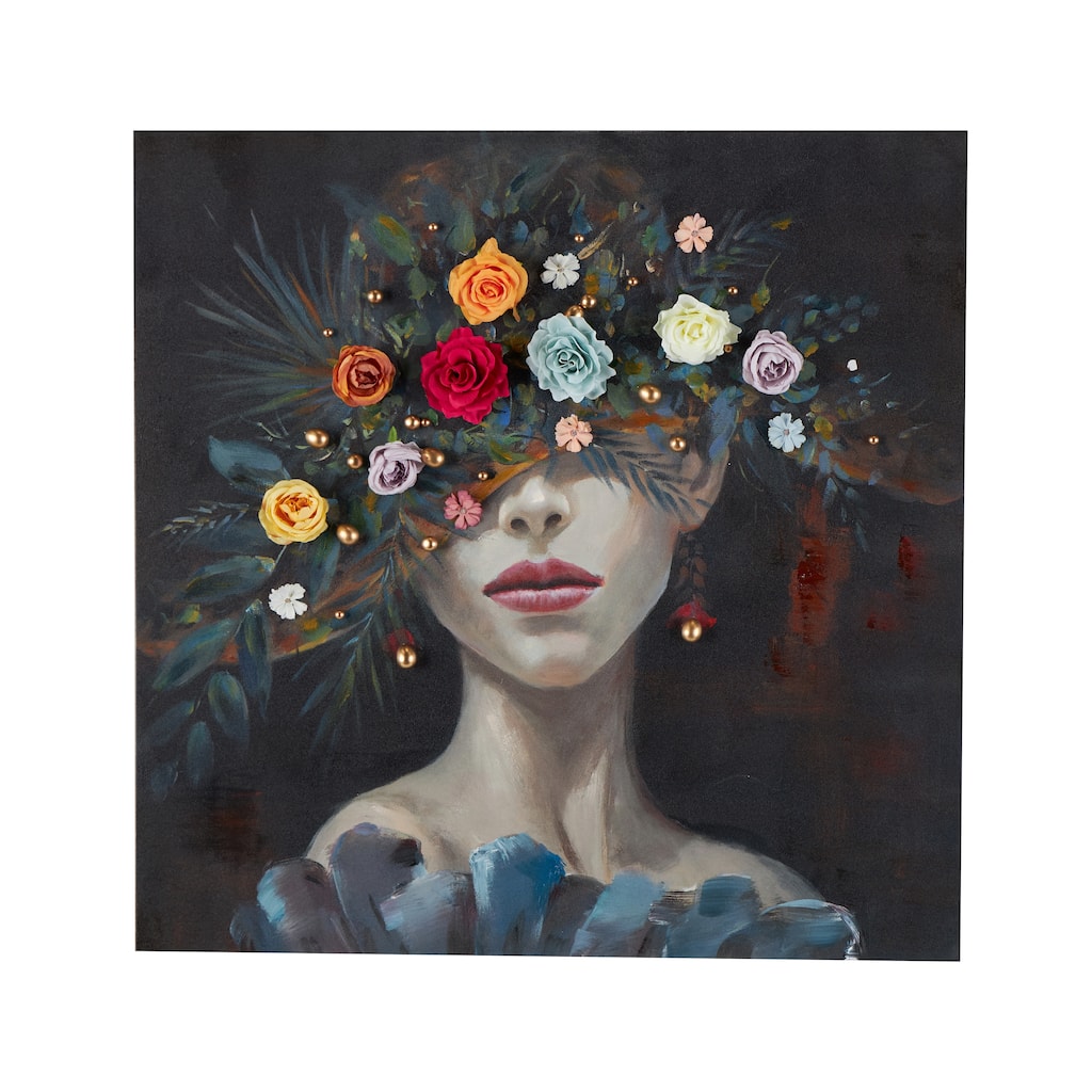 Canvas Woman Wall Art with 3D Multicolor Flowers and Gold Jewels - Multi Colored - Roche River Decor