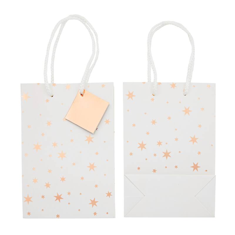 Blue Panda 24 Pack White and Rose Gold Paper Gift Bags for Party, 4 Designs, 7.9x5.5x2.5"