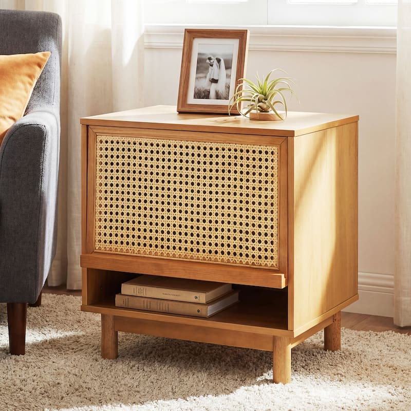 Christopher Knight Home - Farmhouse Wooden Nightstand with Swing-Up Rattan Door Storage Cabinet - Natural