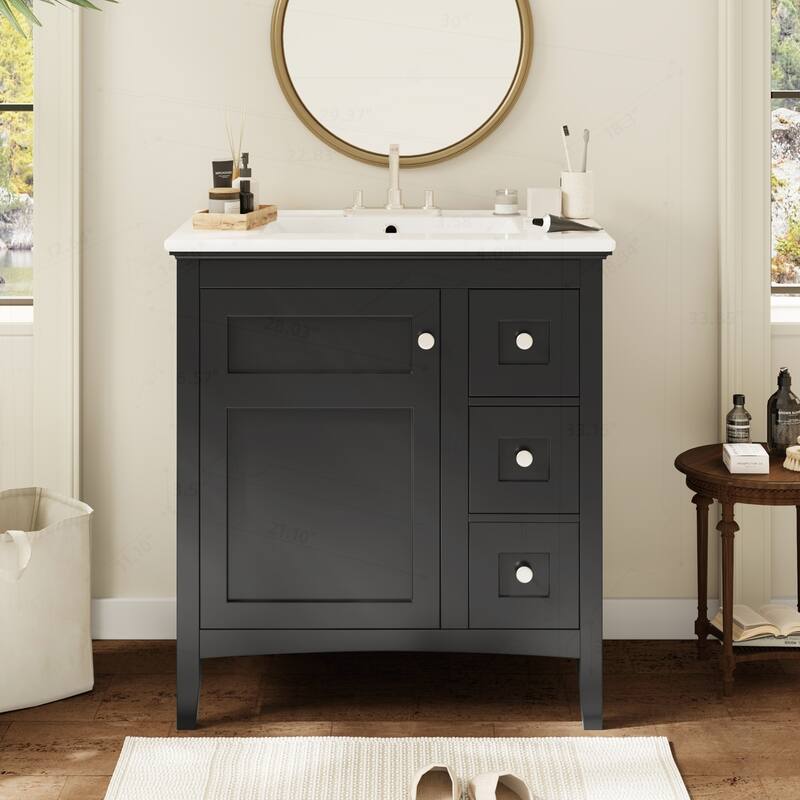 Modern Bathroom Vanity with Ceramic Sink and Multiple Storage Options - Black