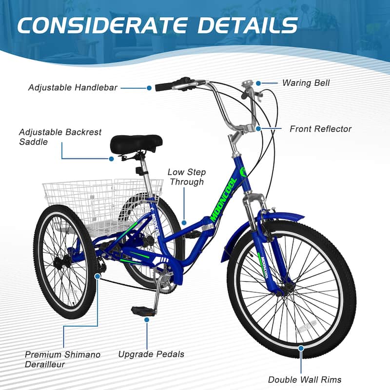 DoCred Adult Folding Tricycle, 7 Speed 3-Wheel Bicycle with Basket