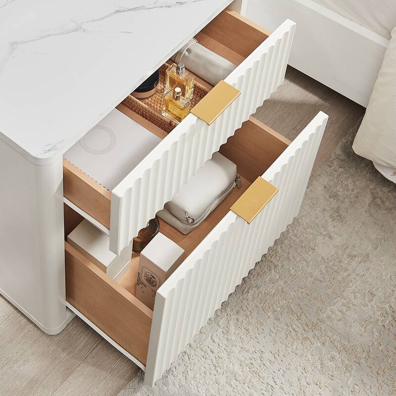 Modern Fluted Nightstand with Charging Station, 2 Drawer Bedside Table