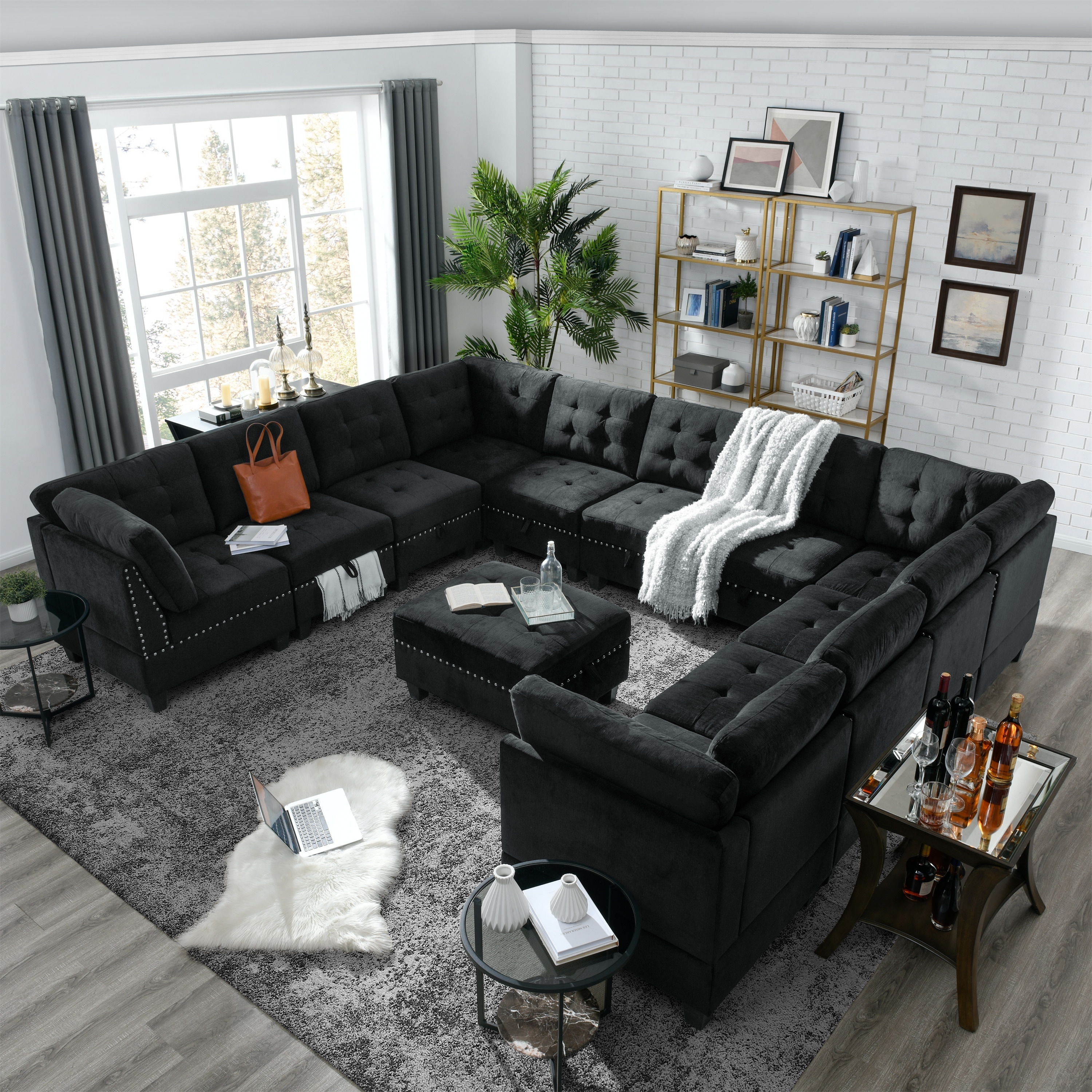 12 Pieces U Shape Modular Sectional Sofa, Include 7 Single Chair, 4 Corner & 1 Ottoman