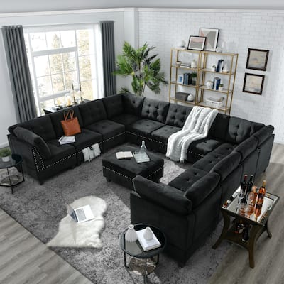 U Shape Modular Sectional Sofa, DIY Combination, Includes Seven Single Chair, Four Corner and One Ottoman, Black Velvet.