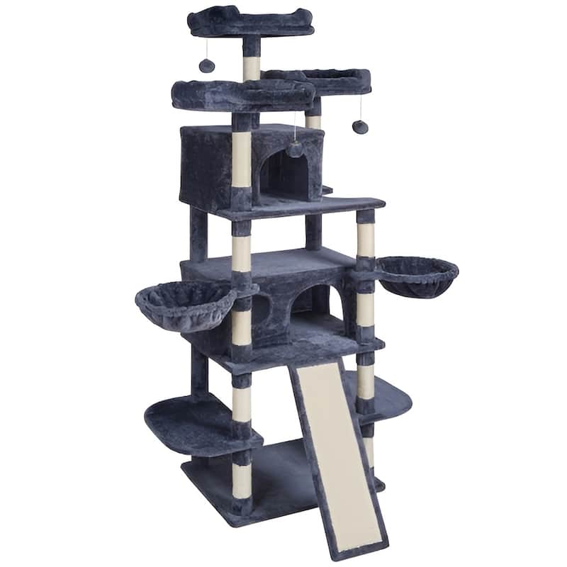 Dark Grey Plush Multi-Level Cat Tree with Condos, Hammocks and Toys
