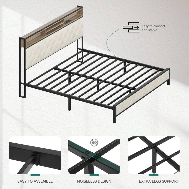 King Size Metal Bed Frame, Button Tufted Platform Bed with Storage Headboard and Charging Station, No Box Spring Needed
