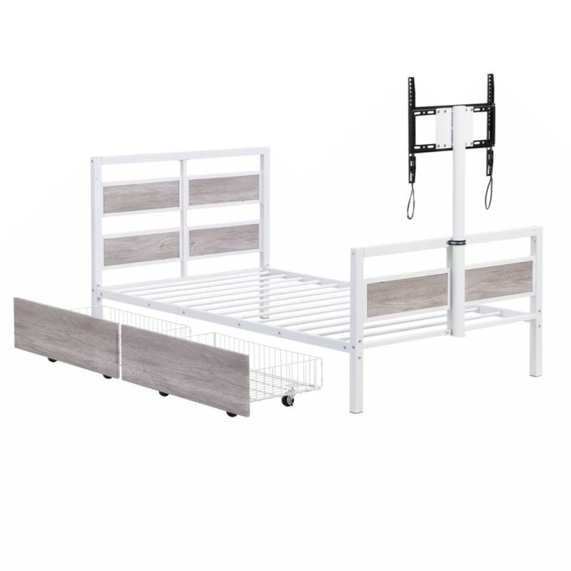 Twin Size Metal Platform Bed with MDF Headboard and Footboard,Two Storage Drawers and Rotatable TV Stand
