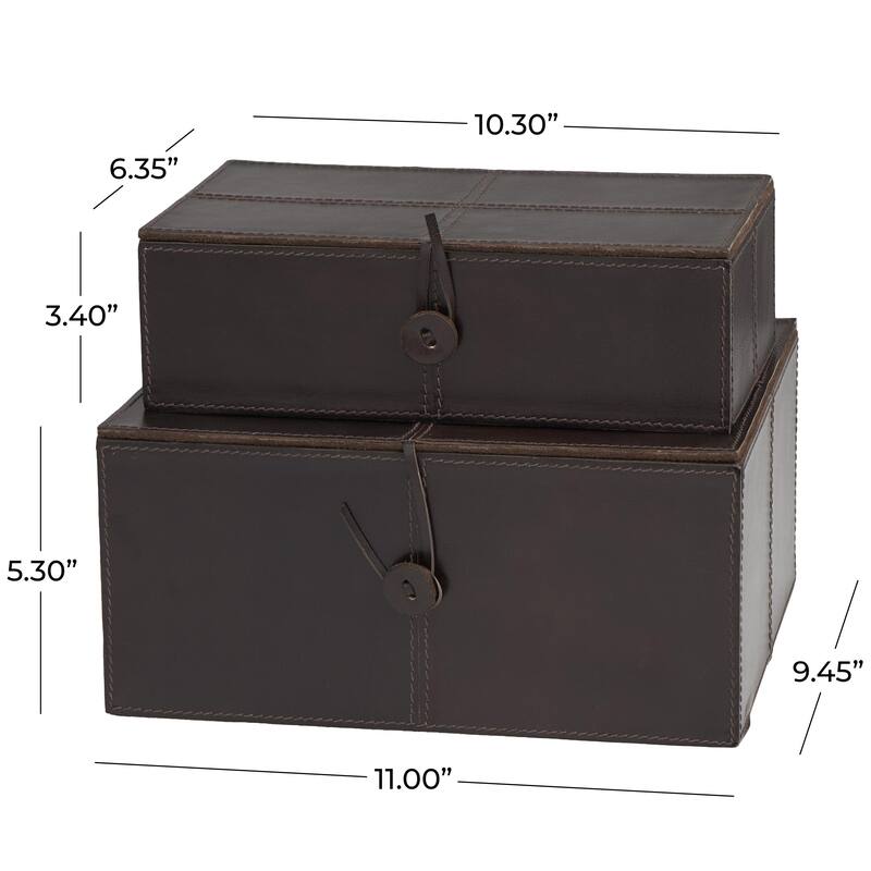 Leather Handmade Decorative Box with Hinged Lid - Set of 2 Gray, Brown, Dark Brown, Gold, Silver - Roche River Decor