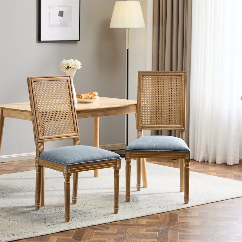 French Country Dining Chairs w/ Elegant Cane Backrest & Upholstered Seats (Set of 2) - Slate Blue
