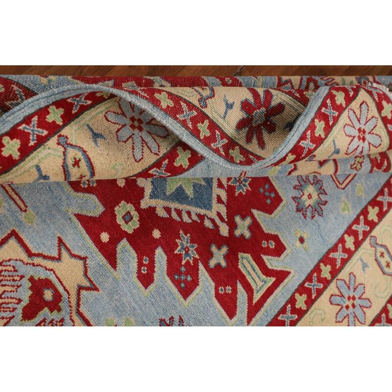 Light Blue Geometric Kazak Rug Hand-Knotted Bedroom Wool Carpet - 4'2" x 5'8"