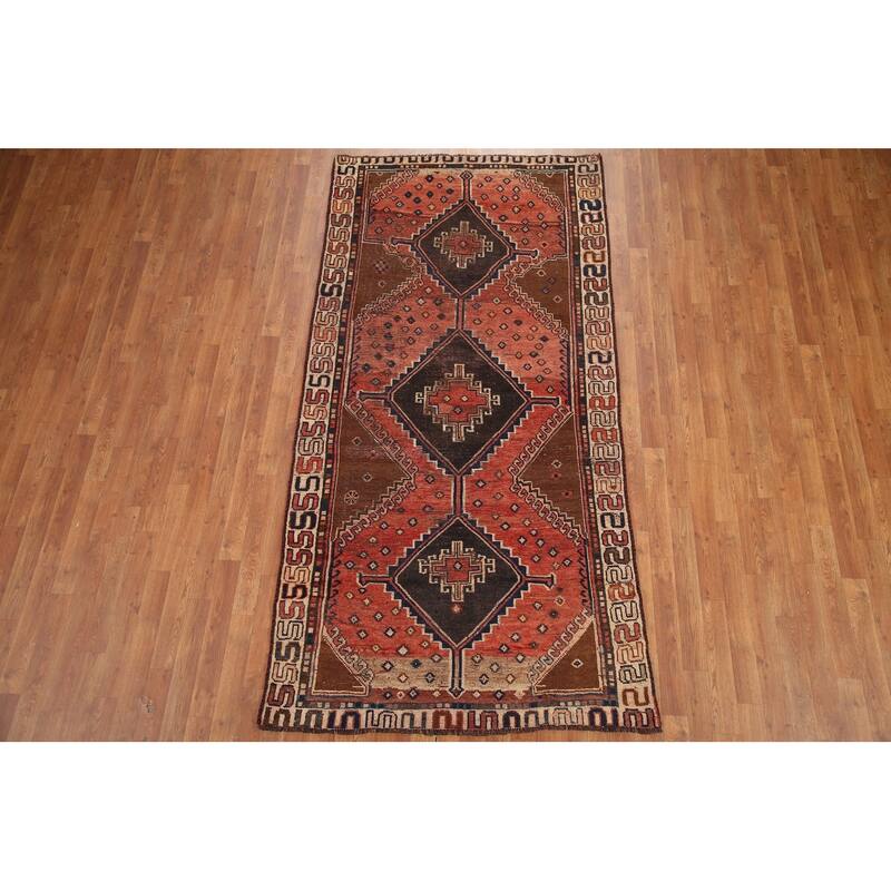 Hand Knotted Oriental 100% Wool Carpet Traditional Tribal Red Qashqai Runner Rug - 8' 7'' X 4' 3''