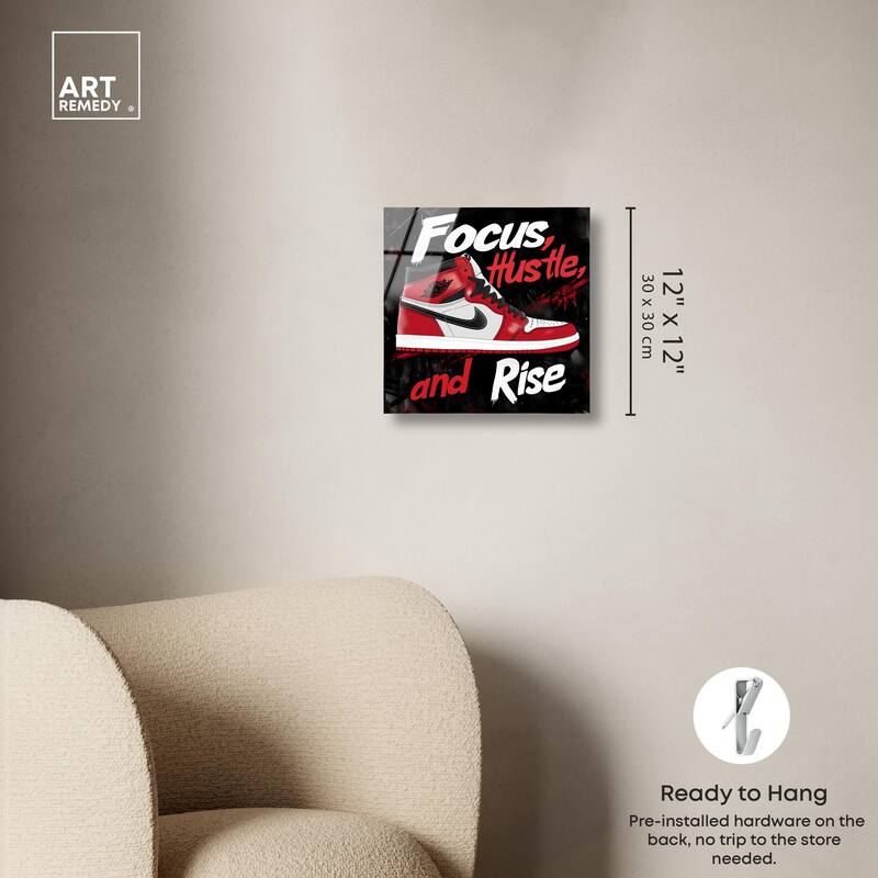 Hustle and Rise Sneaker Red Acrylic by Art Remedy, Ready to Hang
