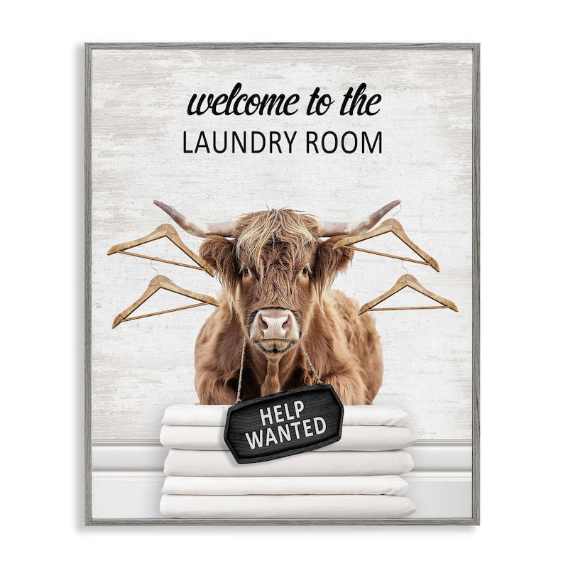 Stupell Welcome Laundry Room Cattle Framed Giclee Art Design By Lettered and Lined - 24 x 30 - Grey