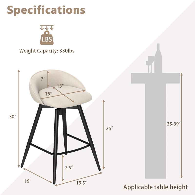 Gymax 25'' Upholstered Bar Stools Set of 2 w/ Footrest Backrest &