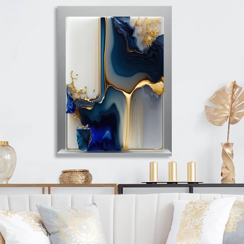 Designart 'Abstract Geode Gold And Blue Marble Shape I' Modern Geometric Metal Wall Art