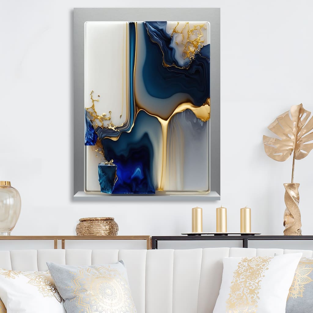 Designart 'Abstract Geode Gold And Blue Marble Shape I' Modern Geometric Metal Wall Art