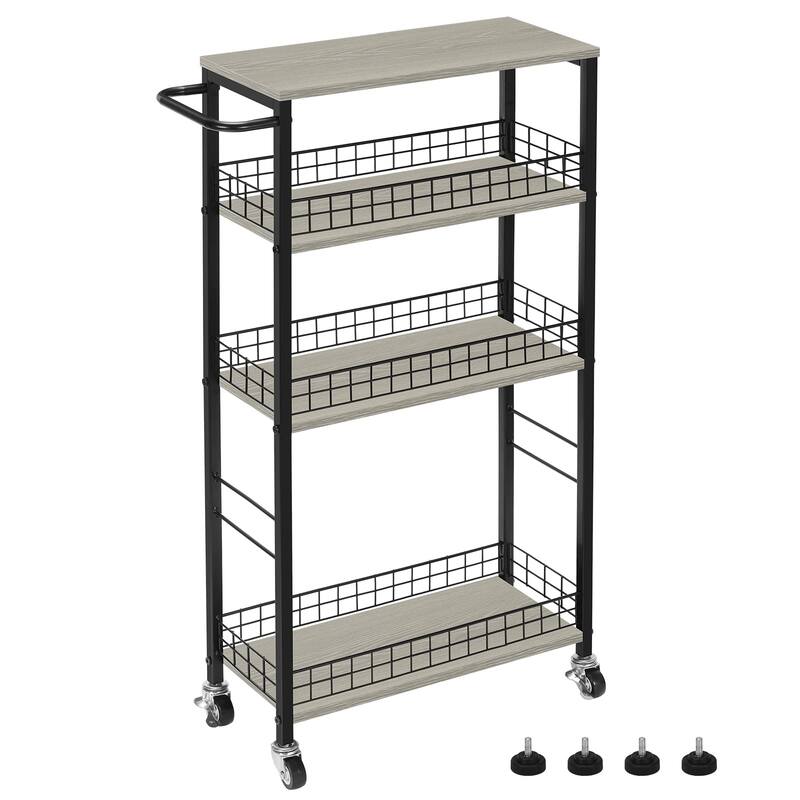 Slim Storage Cart 4 Tier Slim Rolling Cart on Wheels Mobile Narrow Kitchen Cart with Wooden Tabletop - Grey