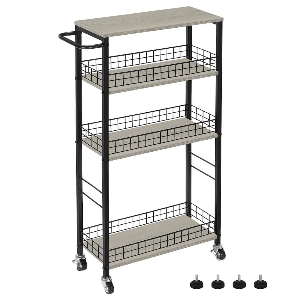 Slim Storage Cart 4 Tier Slim Rolling Cart on Wheels Mobile Narrow Kitchen Cart with Wooden Tabletop