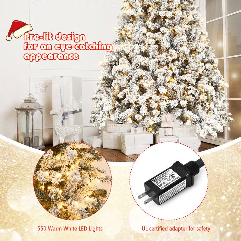 Gymax 6/7.5/9 FT Pre-Lit Christmas Tree Snow Flocked Hinged Pine Tree