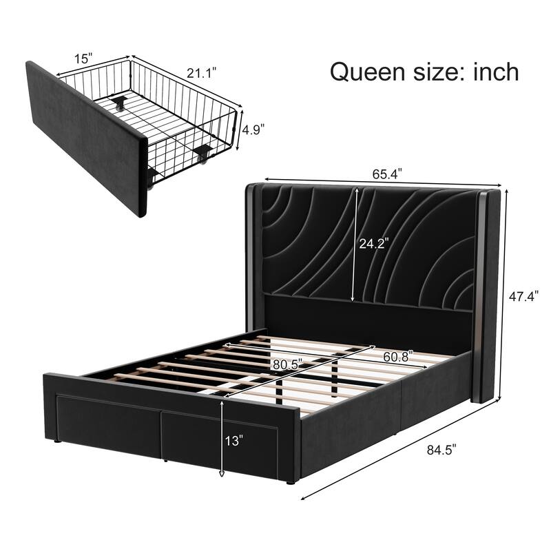 Queen Size Modern Upholstered LED Bed Frame with Storage Drawers