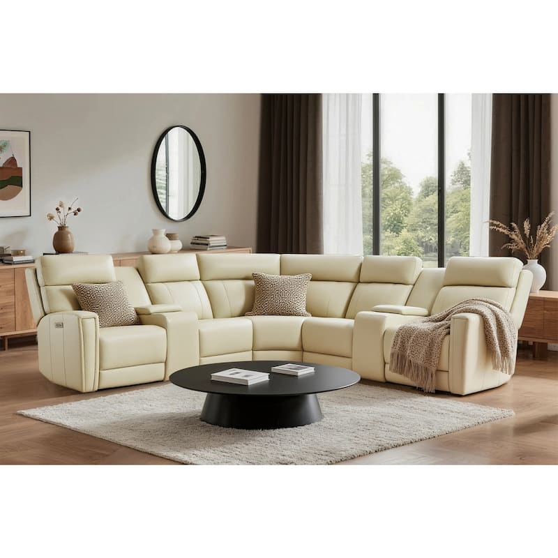 7PCS, 3 Power Recliners, Leather Reclining Sectional with Power Headrest & Lumbar, USB Port & USB-C Port - Cream