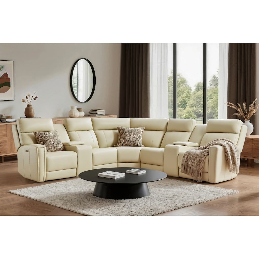 7PCS, 3 Power Recliners, Leather Reclining Sectional with Power Headrest & Lumbar, USB Port & USB-C Port