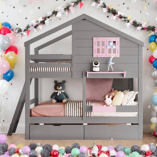 slide 2 of 20, Twin over Twin Bunk Bed with 2 Drawers, Shelf, Window and Roof, Gray Pink