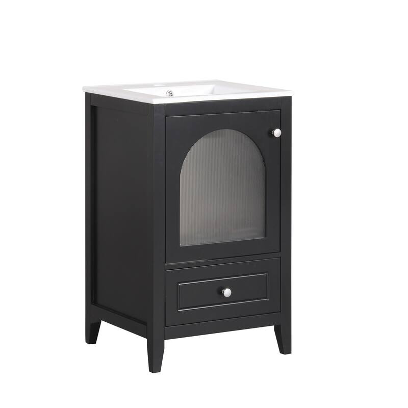 Bathroom Vanity with Ceramic Sink, Single Basin Vanity Set with Door and Drawer, Bathroom Cabinet with Soft Closing Glass Door