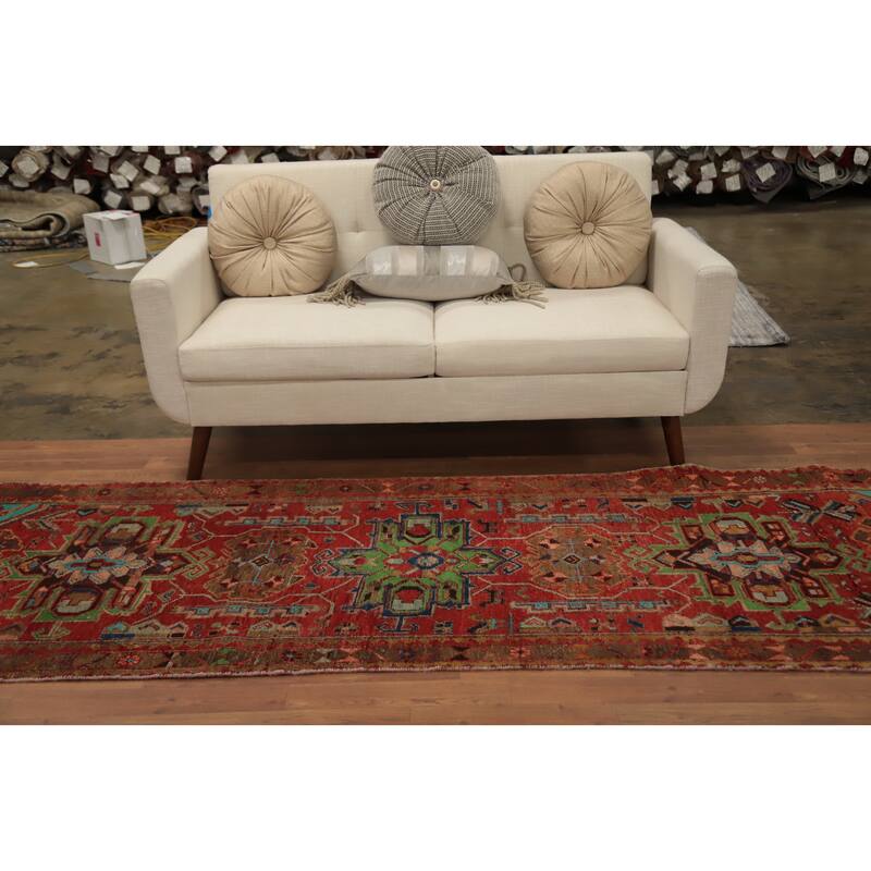 Hand Knotted Oriental 100% Wool Carpet Traditional Geometric Red Heriz Runner Rug - 10' 4'' X 3' 0''